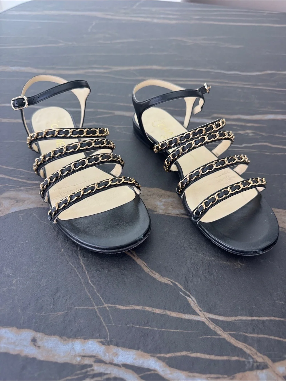 CHANEL Black Chain-Strap Women’s Sandals - Elegant Summer Flat